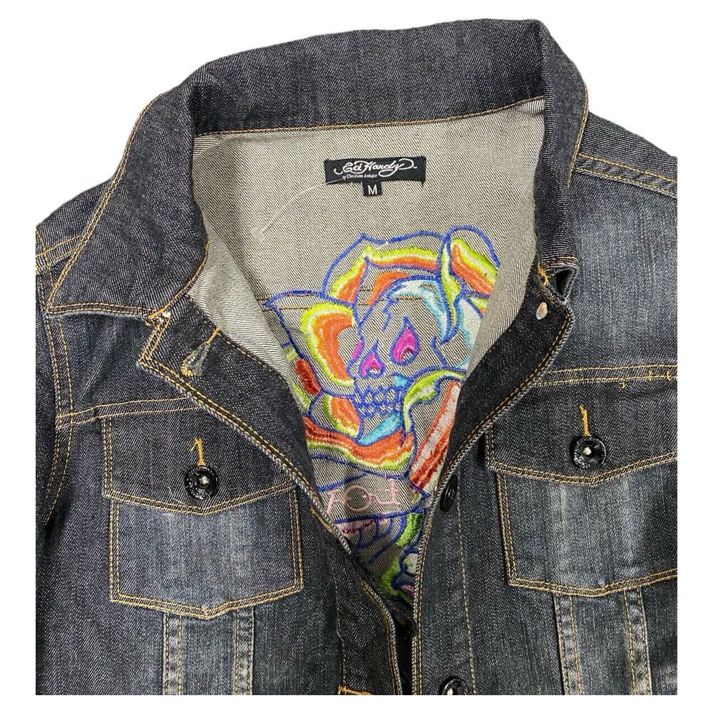 ED HARDY by Christian Audigier Love Rose & Skull Denim Jacket Women Sz Medium - Picture 5 of 7